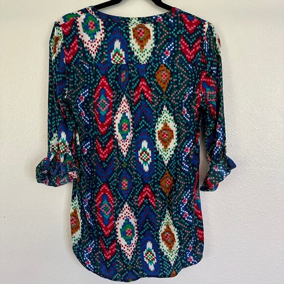 Maeve Anthropologie Pintuck Aztec Pattern Roll Tab Sleeve Tie Button Blouse 4 - Picture 11 of 11